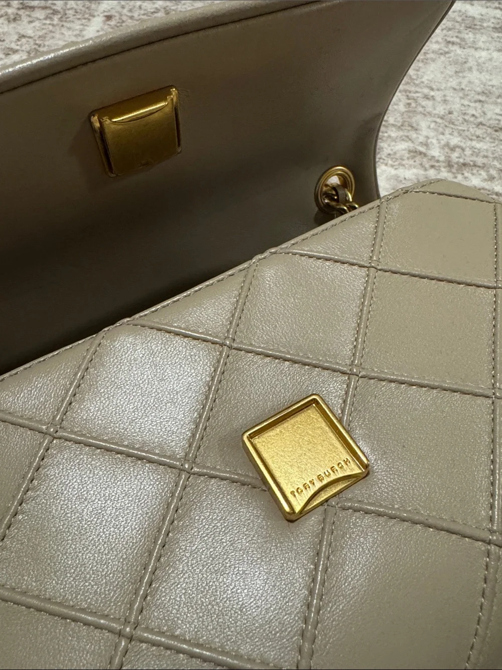 Tory Burch Quilted Taupe Leather Chain Shoulder Bag